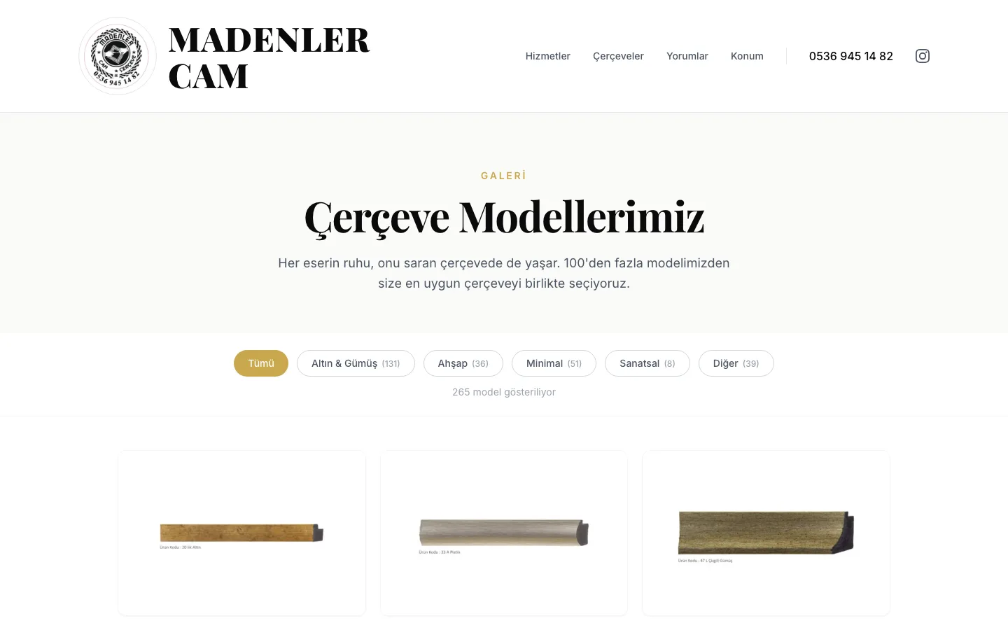 Frame catalogue — 265 models with category filters and zoom