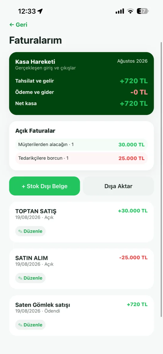 Documents and cash movements — sales, purchases, payments, instalments