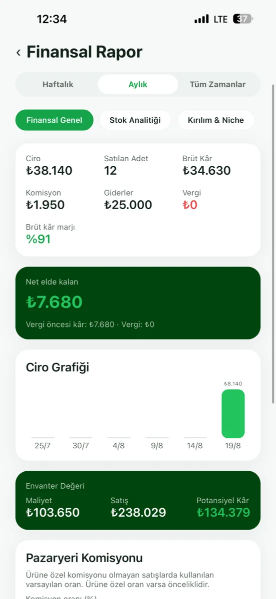 Financial report — revenue chart, inventory value and net profit