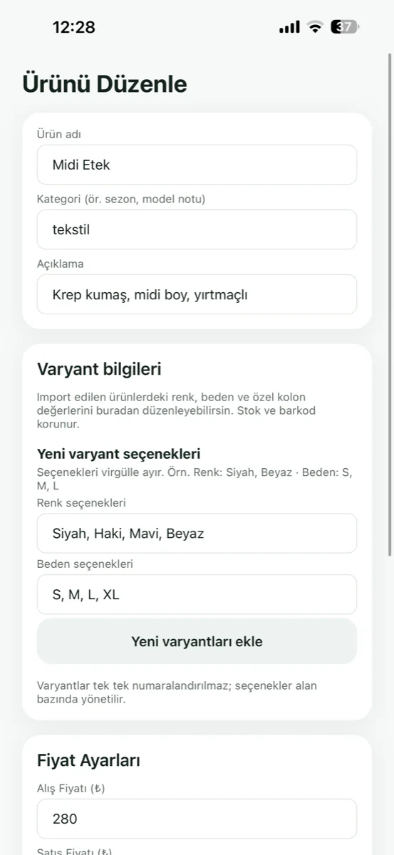 Product and variant definition — colour, size, karat, volume